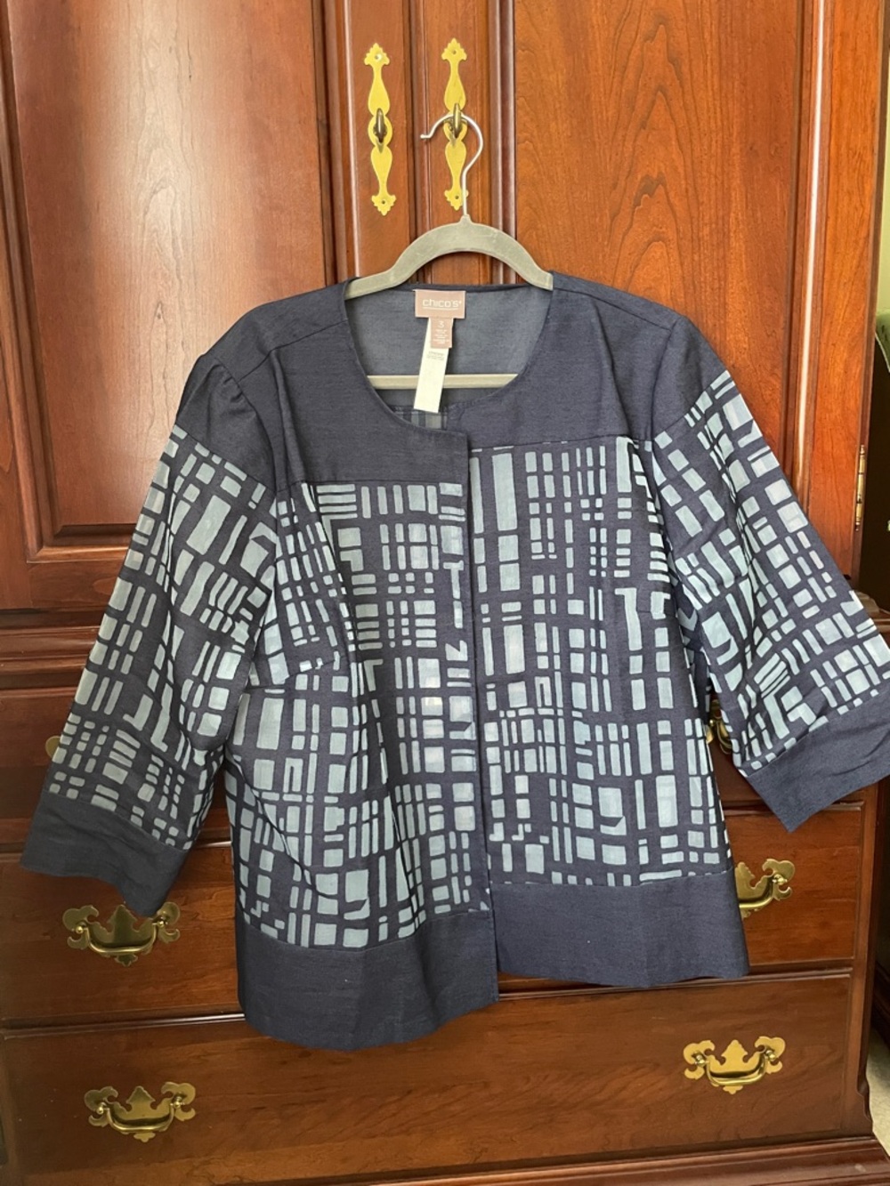 Chico's Navy Jacket with Light Blue Grid Pattern